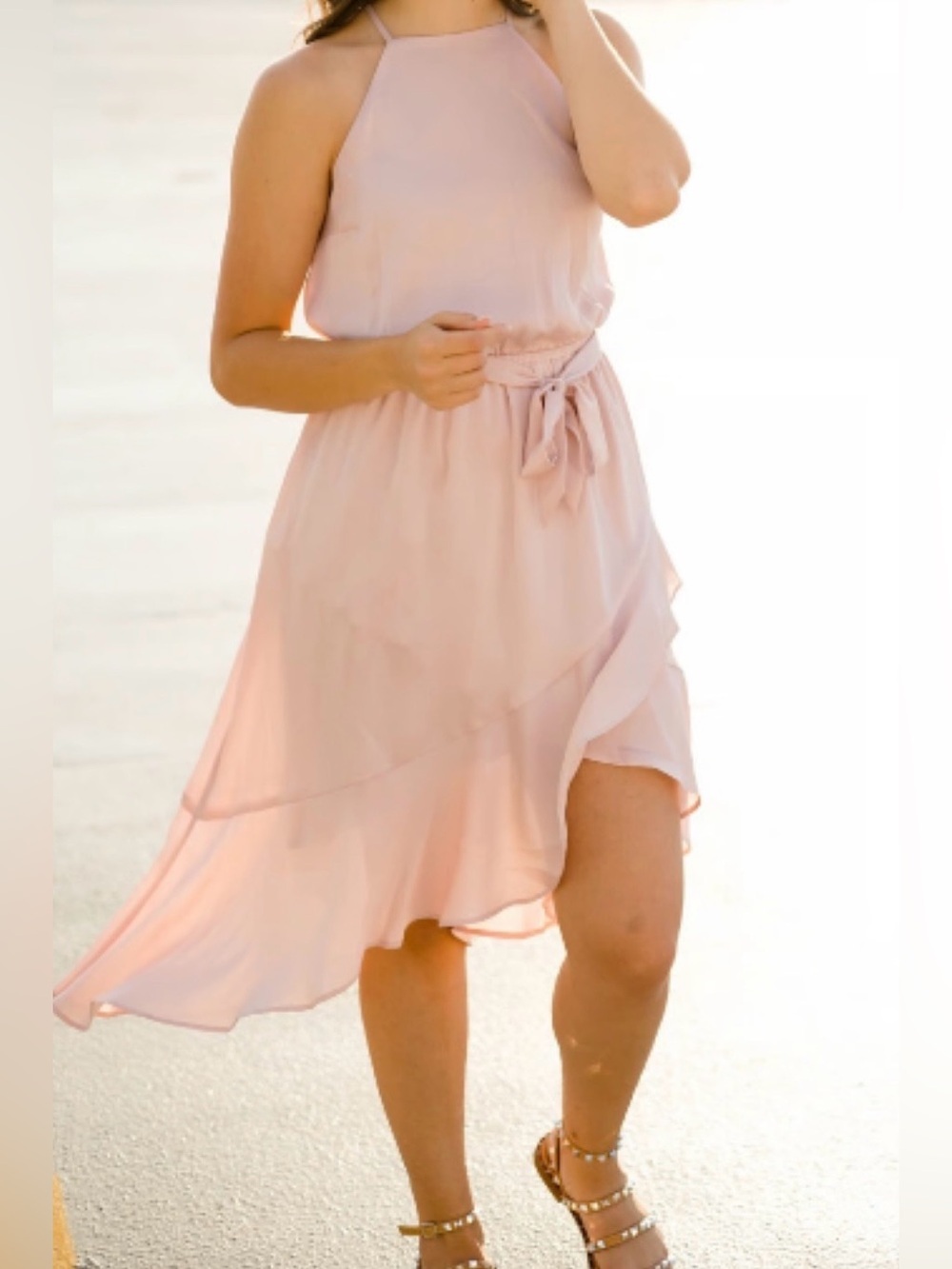 Express Pink Waterfall Ruffle Satin Halter Dress Sz S